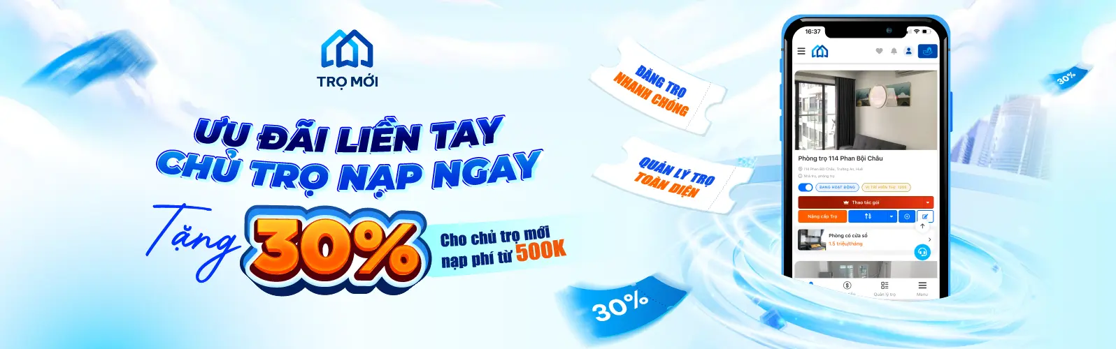 Tặng 30% cho chủ trọ mới nạp 500k